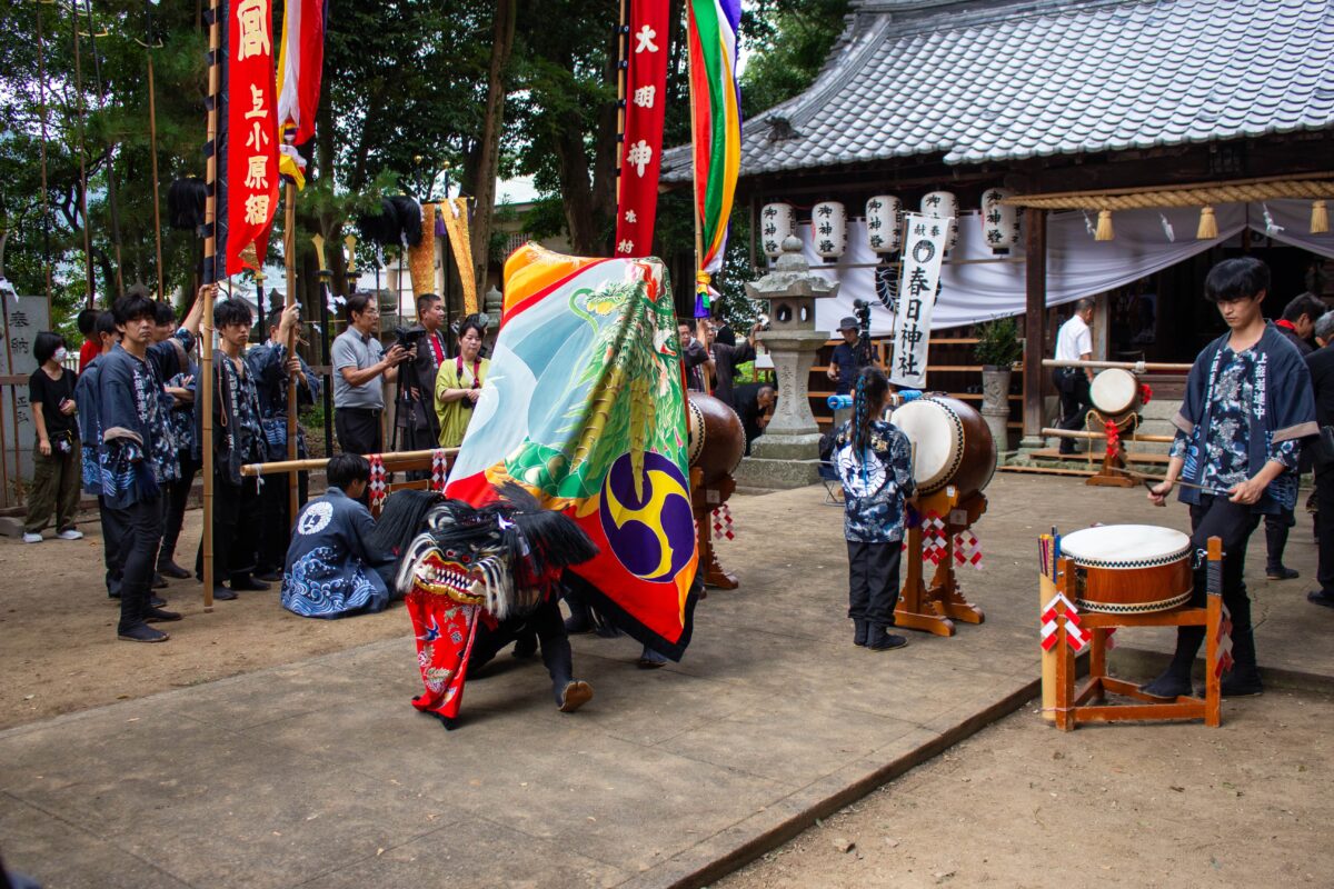 2023年 多度津町山階・春日神社 秋季例大祭 拝殿前 上小原獅子組