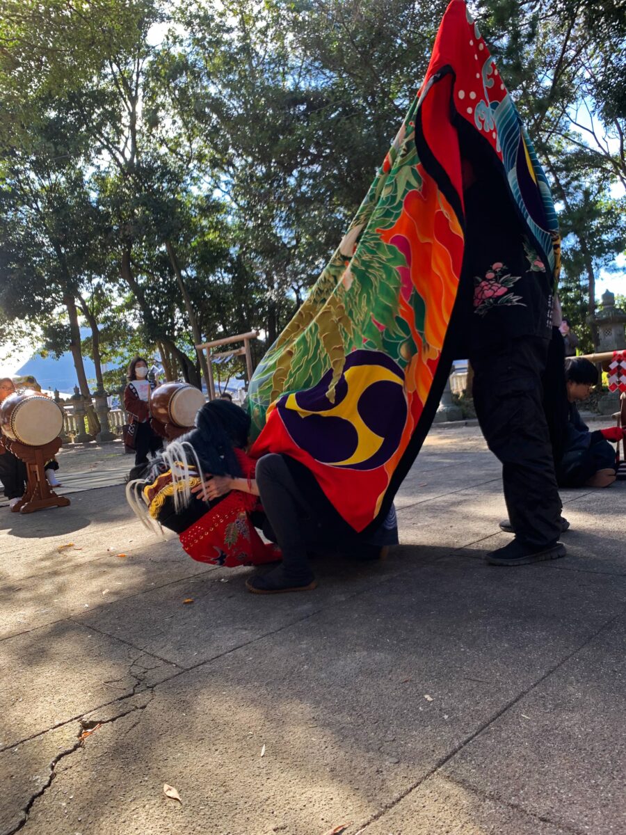 2023年 多度津町山階・春日神社 お披露目演舞 拝殿前での競演 上小原獅子組 北山獅子組