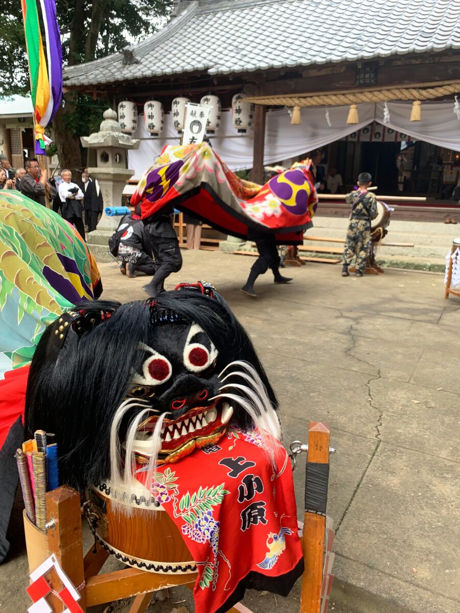 2023年 多度津町山階・春日神社 秋季例大祭 拝殿前 本村獅子組 上小原獅子組