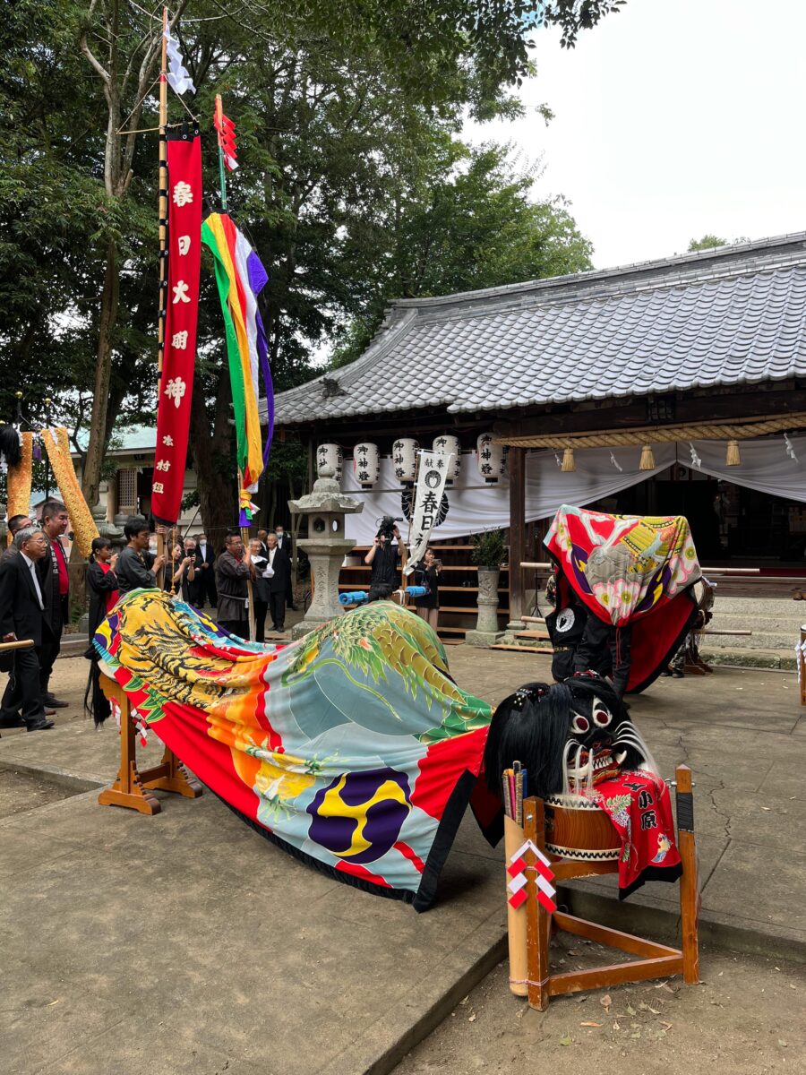 2023年 多度津町山階・春日神社 秋季例大祭 拝殿前 本村獅子組 上小原獅子組