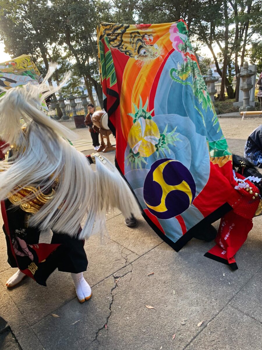 2023年 多度津町山階・春日神社 お披露目演舞 拝殿前での競演 上小原獅子組 北山獅子組