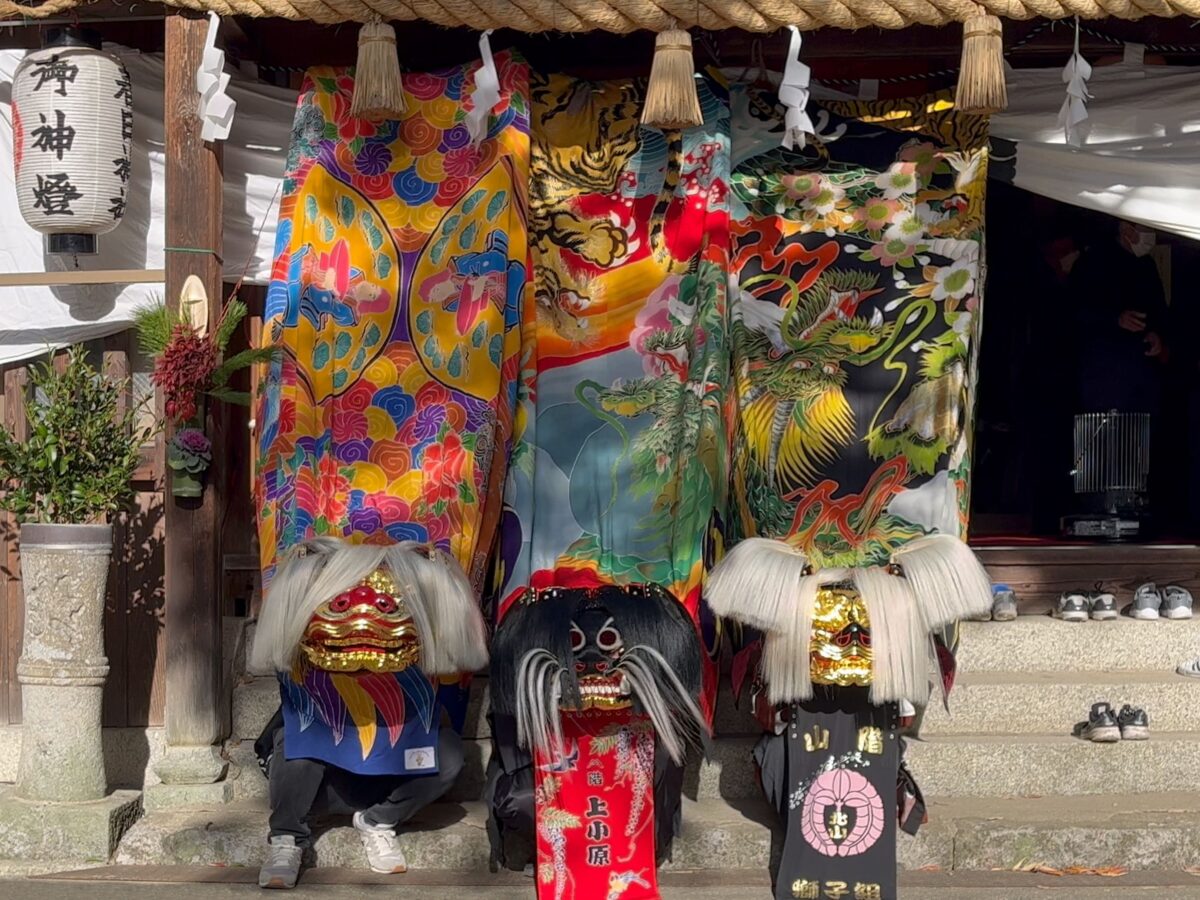 2023年 多度津町山階・春日神社 獅子頭のお祓い 記念 獅子頭と油単 上小原獅子組 阿庄獅子組 北山獅子組